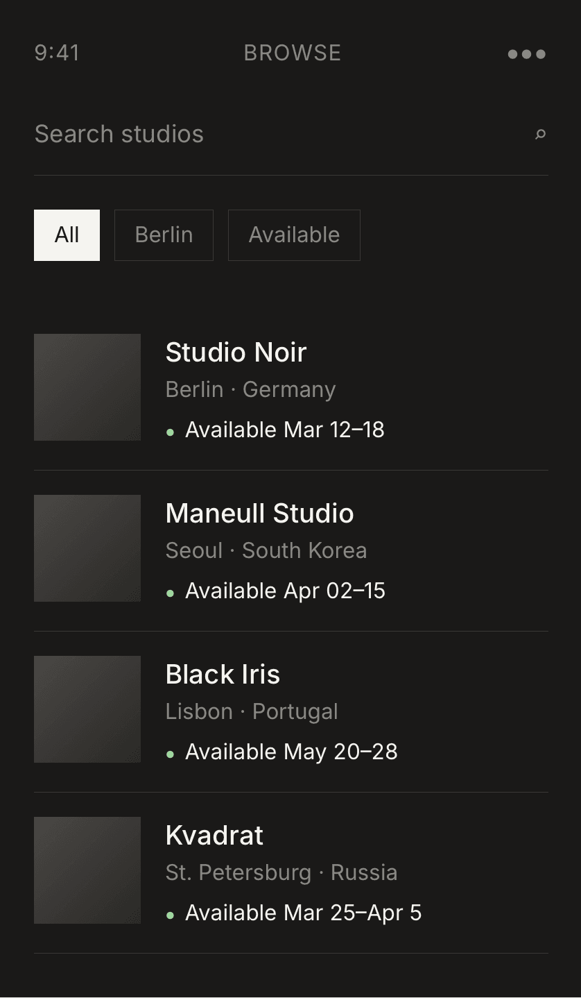 Browsing studios on TatuPass